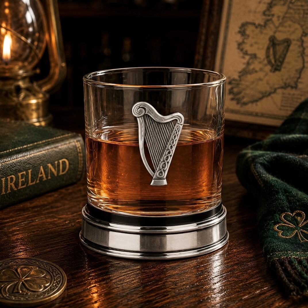 Whisky tumbler with pewter Irish Harp emblem and polished base, partially filled with amber liquid
