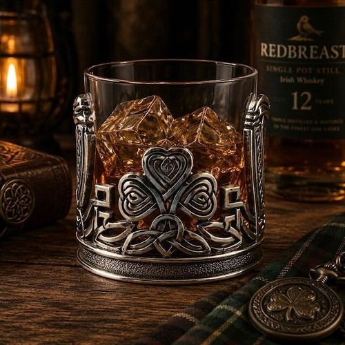 A lowball glass whisky tumbler filled with amber spirits and ice cubes, nestled in an ornate pewter holder. The front of the holder features a prominent, high-relief three-leaf shamrock, with each leaf intricately detailed with internal Celtic knotwork. Directly underneath the shamrock is a classic triquetra or Trinity knot, flanked by openwork geometric structures and upright side pillars reminiscent of traditional Irish harps