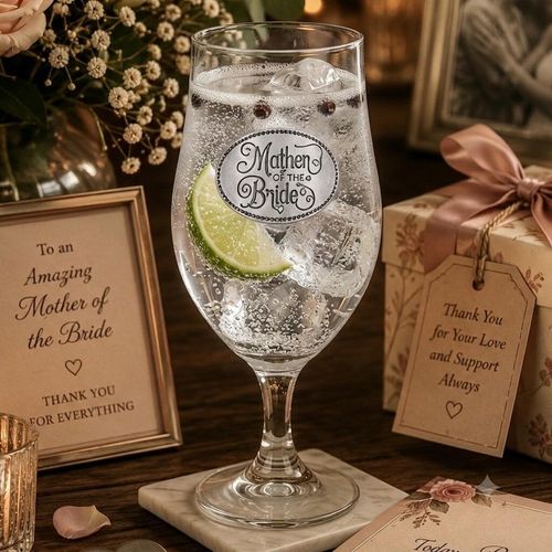 A Stemmed Pint Beer Glass with a Pewter Mother of the Bride badge on the front, filled with Gin