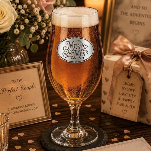 A Stemmed Pint Beer Glass with a Pewter Mr & Mrs badge on the front, filled with Beer