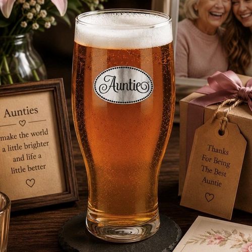 Pint glass with handmade pewter Auntie badge filled with golden beer