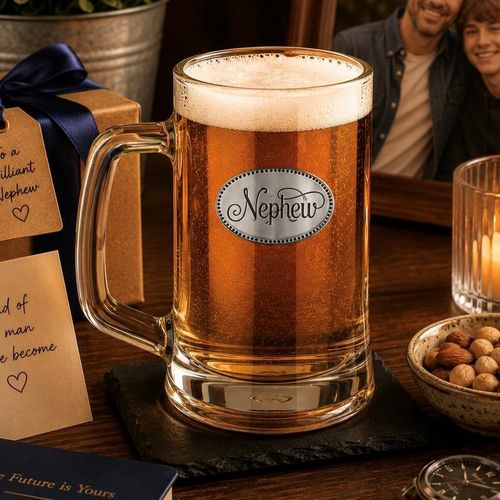 A Beer Tankard with a Pewter Nephew badge on the front, filled with Amber Beer