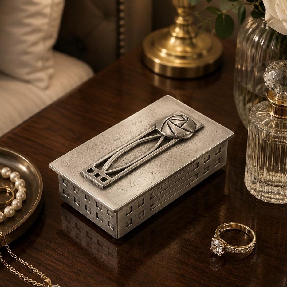 Short oblong Charles Rennie Mackintosh style pewter trinket box featuring a Glasgow School rose design on the lid and a square geometric cutout pattern on the sides