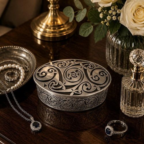 Oval pewter trinket box with embossed Celtic scrollwork and traditional spiral designs