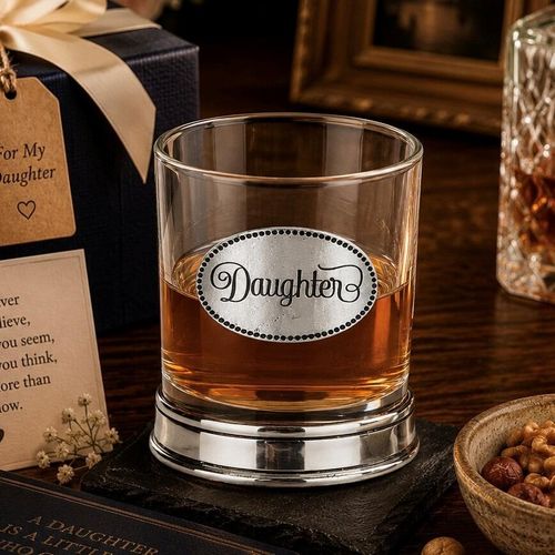 Whisky tumbler with pewter 'Daughter' badge and polished base, partially filled with amber liquid