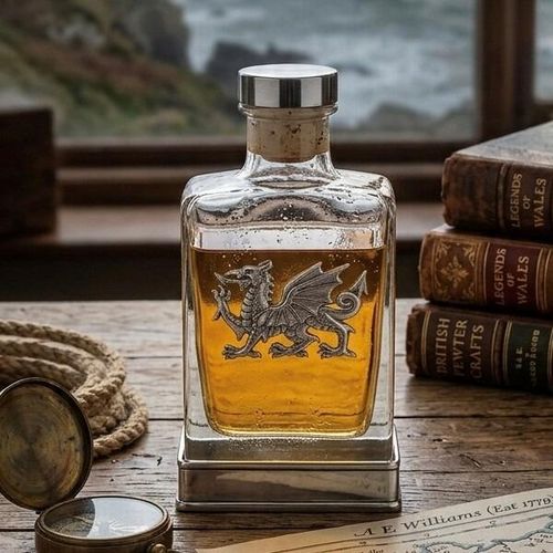 A glass flask with a pewter base and a handcrafted pewter Welsh Dragon emblem on the front