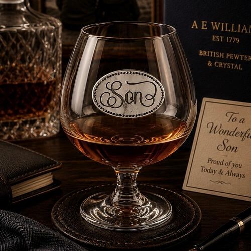 Crystal brandy glass with pewter 'Son' badge, partially filled with amber liquid