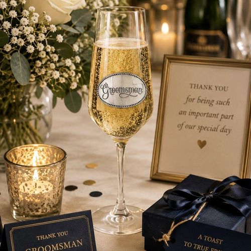 A Champagne Flute with a Pewter Groomsman badge on the front, filled with Champagne