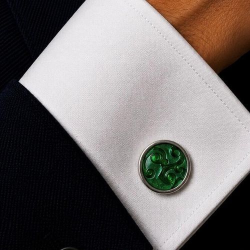 Pair of handmade pewter cufflinks with elegant green enamelled scroll pattern design