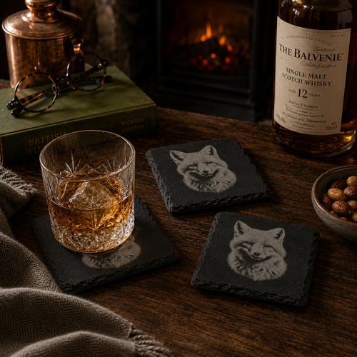 Fox Coaster on a table with a bottle of Whisky
