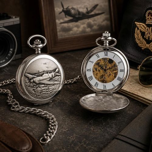 Pewter fronted mechanical pocket watches, one showing an open skeleton dial with Roman numerals and the other displaying a closed casing embossed with a Hawker Hurricane fighter plane, styled on a desk with aviator memorabilia