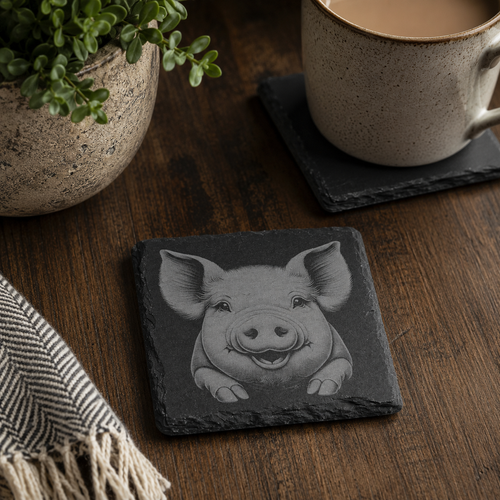 Laser engraved pig slate coaster displayed on a rustic wooden table with a ceramic coffee mug and houseplant, unique farm animal gift and countryside home décor.