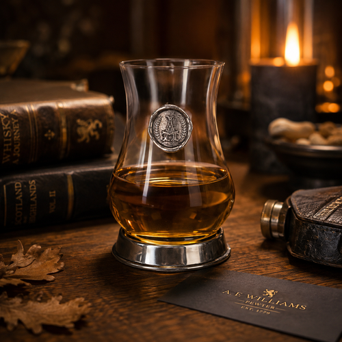 A Whisky Tasting Glass with a Pewter Monogram Seal on the front