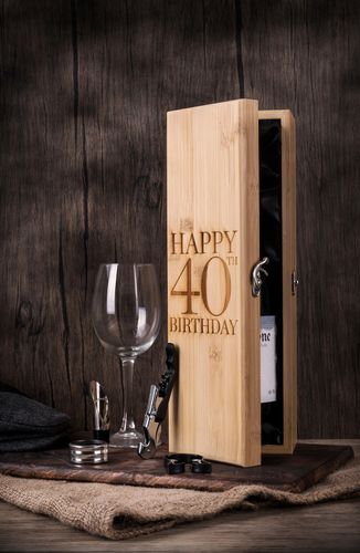 Personalised 40th birthday wooden presentation box with luxury wine accessories including pourer, collar, foil cutter and corkscrew