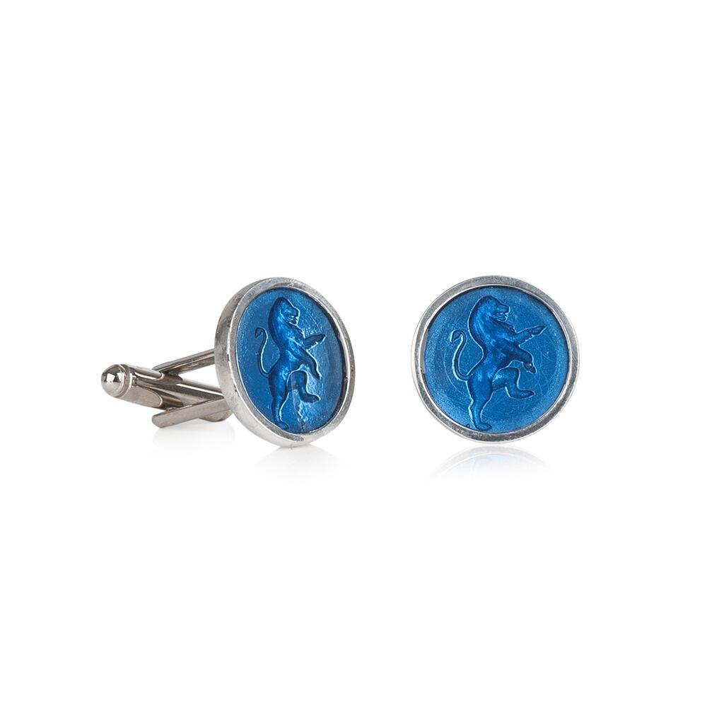 Handcrafted pewter cufflinks with a detailed rampant lion embossed in transparent blue enamel
