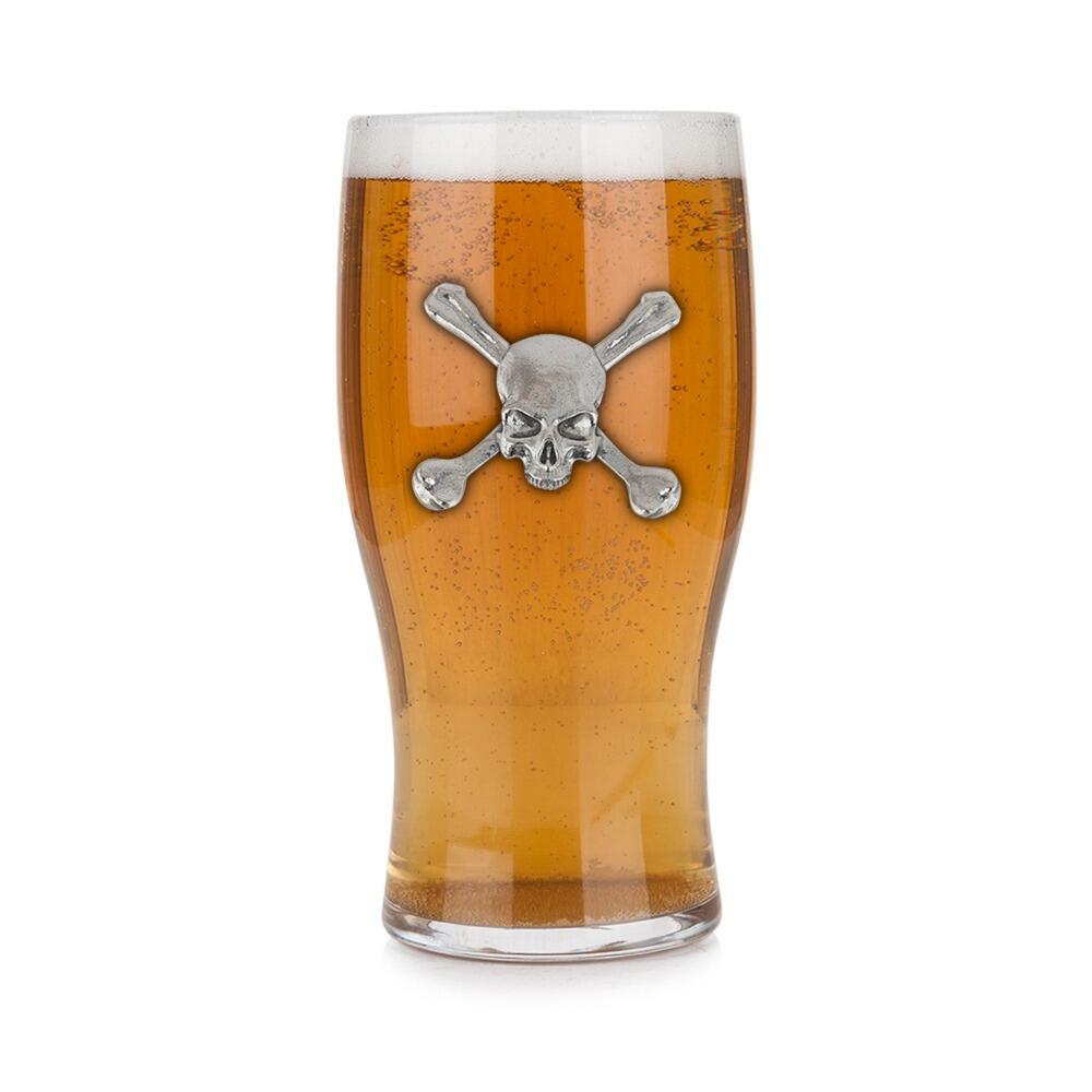 Pint glass with handmade pewter skull with detailed cranial structure badge filled with golden beerRetryClaude can make mistakes. Please double-check responses.