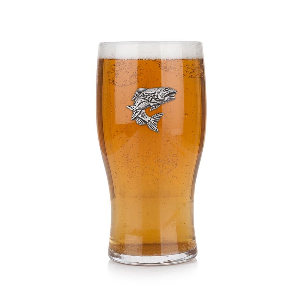 Pint glass with handmade pewter salmon badge, filled with golden beer