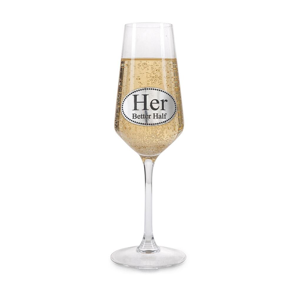 A Champagne Flute with a Pewter Her Better Half badge on the front, filled with Champagne