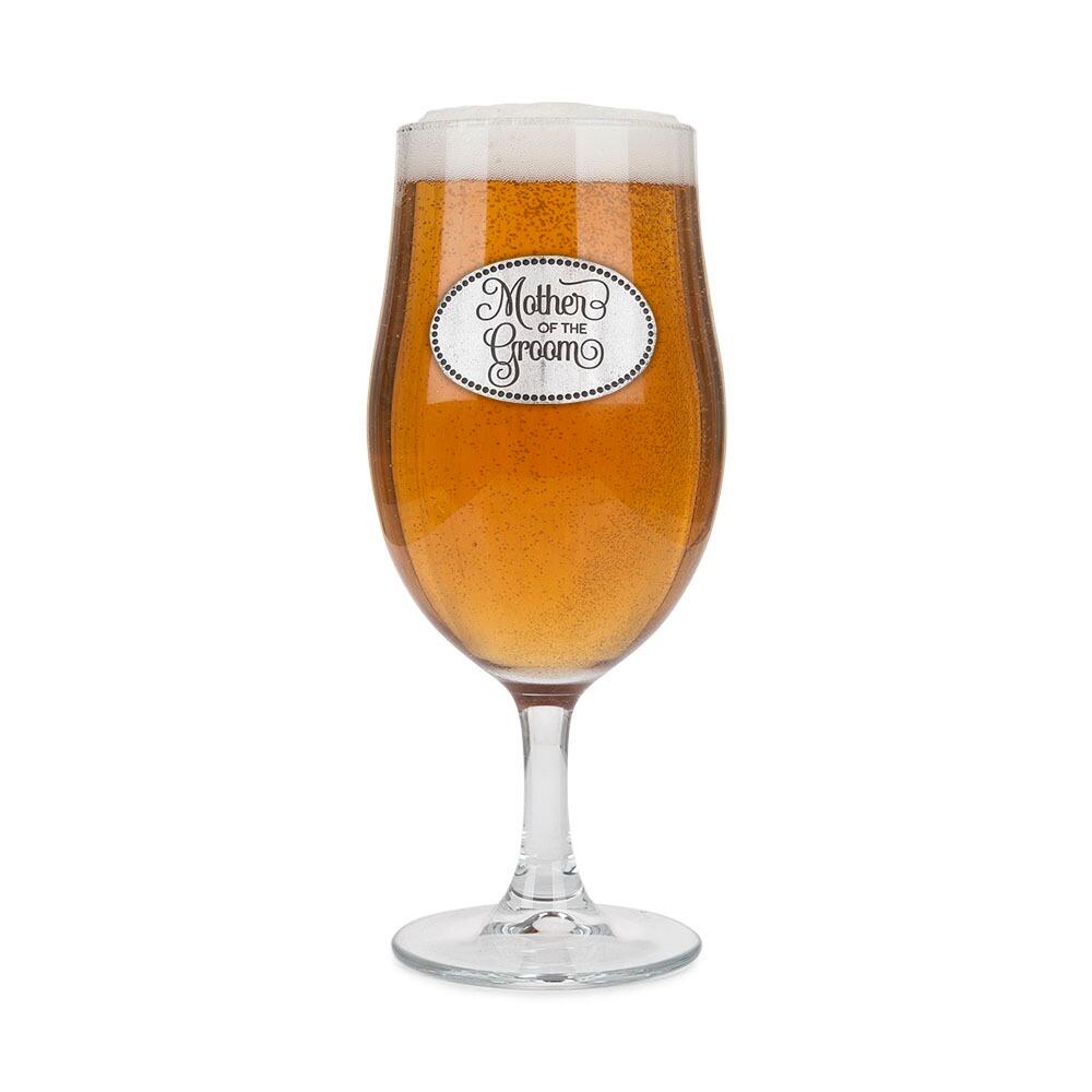 A Stemmed Pint Beer Glass with a Pewter Mother of the Groom badge on the front, filled with Beer