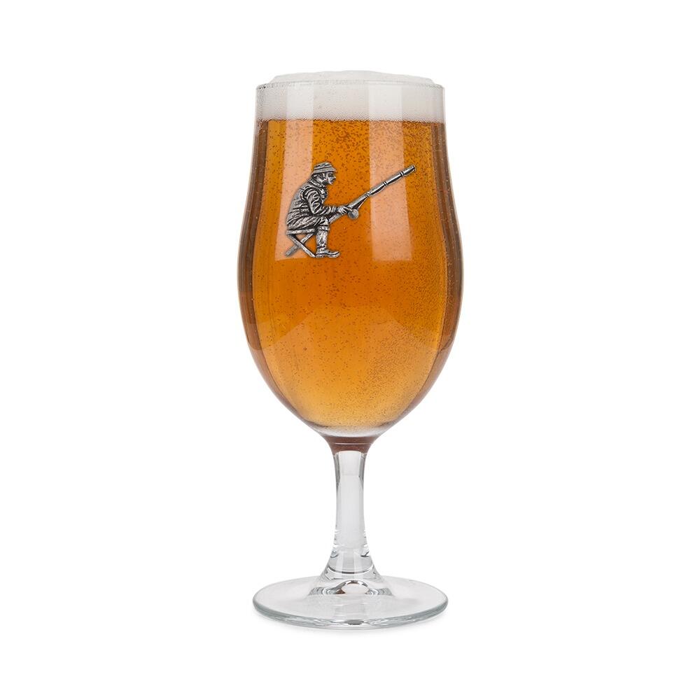 A Stemmed Pint Beer Glass with a Pewter Fishing Man badge on the front, filled with Beer