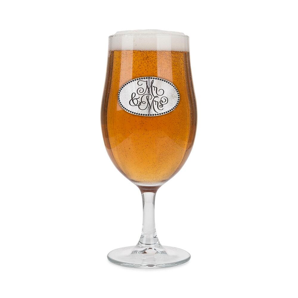A Stemmed Pint Beer Glass with a Pewter Mr & Mrs badge on the front, filled with Beer
