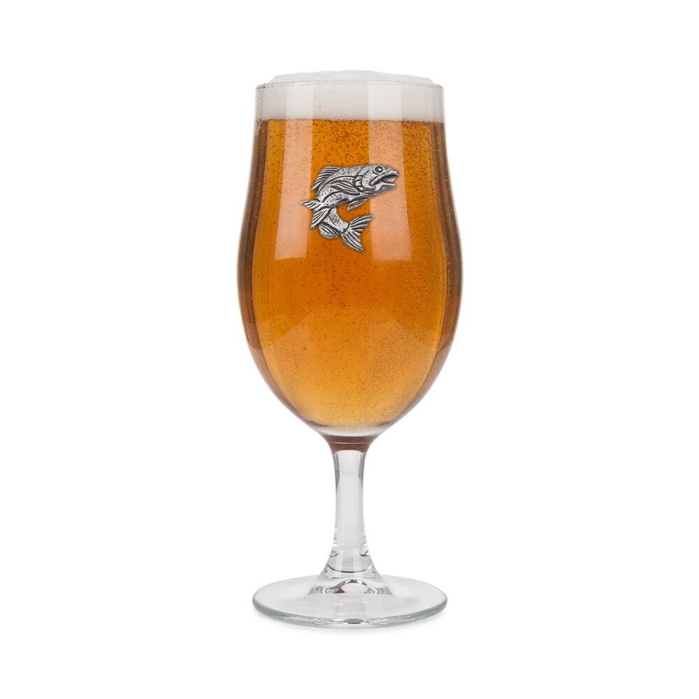 A Stemmed Pint Beer Glass with a Pewter Salmon badge on the front, filled with BeerRetryClaude can make mistakes. Please double-check responses.