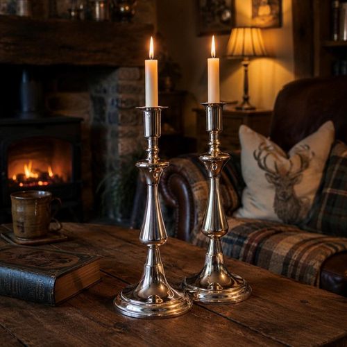 Pair of polished pewter candlesticks with lit white taper candles on a rustic wooden table in a warm, cosy living room with a fireplace and leather armchair in the background