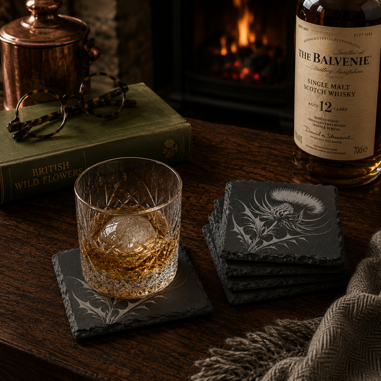 Natural Slate coasters with a Thistle pattern on the top of the coaster. The coasters are sat on a desk with a bottle of Whisky