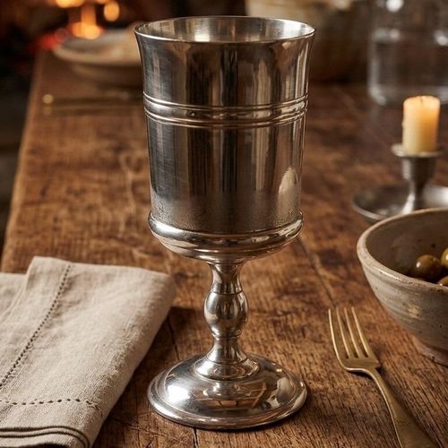 A traditional Chatsworth style pewter goblet with a smooth, brushed metallic finish. The goblet features a simple cylindrical bowl detailed with a subtle horizontal raised band near the upper rim, supported by an elegant baluster stem with a central spherical detail and a wide, stepped circular base