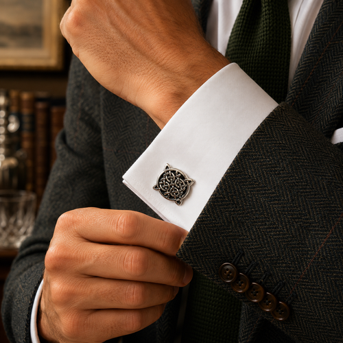 Celtic Knot cufflink on a white shirt