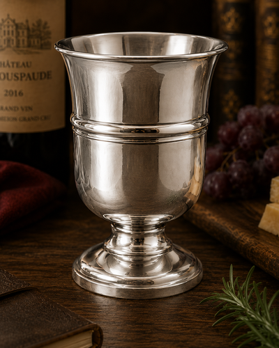 Handcrafted polished pewter Tudor goblet in a traditional banquet-style setting with wine, artisan cheese, grapes, and candlelight