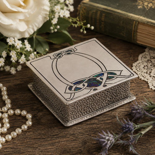Archibald Knox-inspired pewter trinket box with Celtic design and blue enamel detail, displayed on a rustic wooden table alongside pearls, flowers, lace and a vintage book