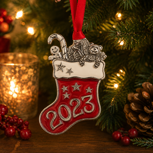 Handcrafted pewter 2023 Christmas stocking ornament with festive toys, candy cane and teddy bear, hanging on a decorated Christmas tree with warm holiday lights and seasonal decorations.