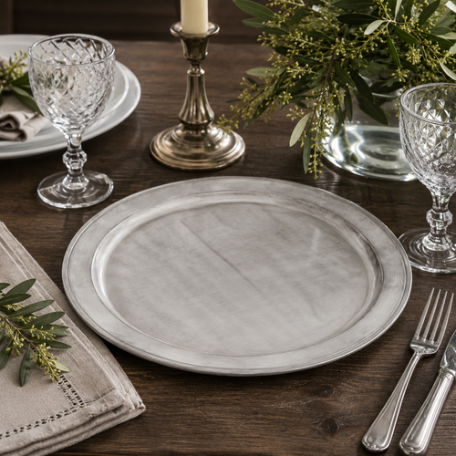 Handcrafted pewter Bavarian narrow rim 14 inch charger in a refined dining table setting with crystal goblets, decorative greenery and a classic antique polished finish.