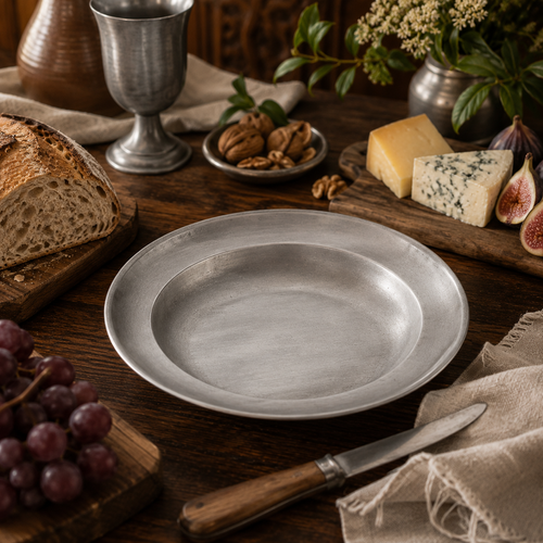 Handcrafted pewter Bavarian plate in antique satin finish displayed on a rustic farmhouse table with artisan bread, grapes, cheese, figs, walnuts and traditional pewter tableware in warm ambient light