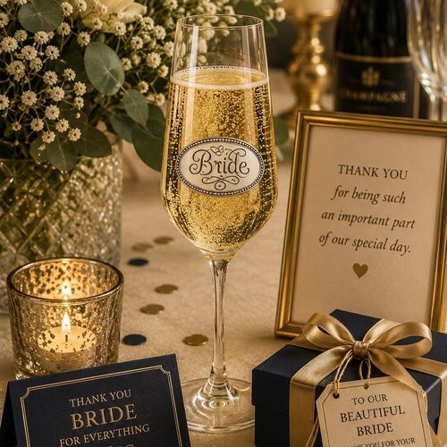 A clear champagne flute glass filled with bubbling champagne, featuring an oval pewter emblem engraved with 'Bride' in elegant script lettering