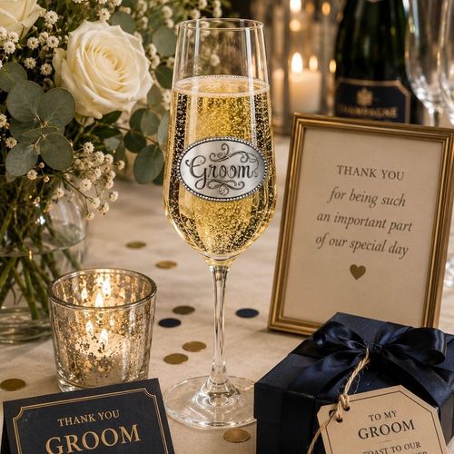 A clear champagne flute glass filled with bubbling champagne, featuring an oval pewter emblem engraved with 'Groom' in elegant script lettering