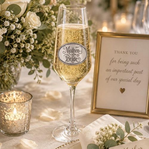 A clear champagne flute glass filled with bubbling champagne, featuring an oval pewter emblem engraved with 'Mother of the Bride' in elegant script lettering