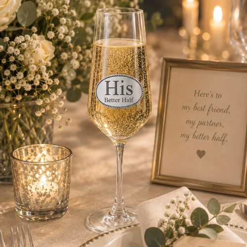A clear champagne flute glass filled with bubbling champagne, featuring an oval pewter emblem engraved with 'Her Better Half' in clean text