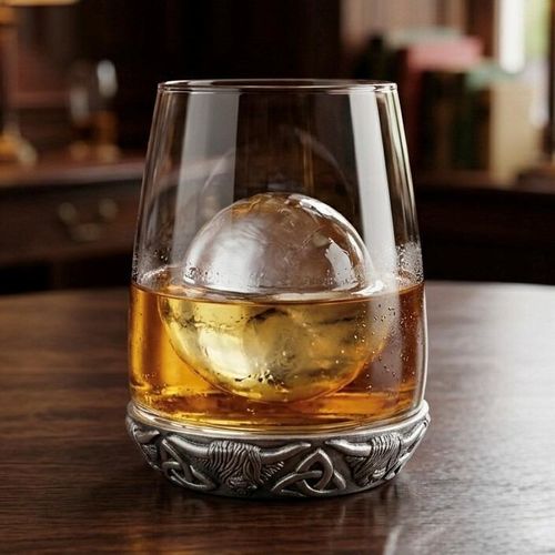 A clear, slightly tapered glass whiskey tumbler filled with amber whiskey and a single large spherical ice ball, featuring a heavy pewter base intricately detailed with embossed Highland cow heads and Celtic triquetra knots