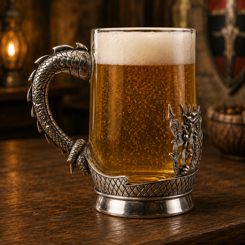 Welsh Dragon glass tankard with pewter dragon-handle mount, filled with golden amber beer and topped with a creamy frothy head, displayed on a rustic wooden table surrounded by antique books and Celtic-inspired décor.