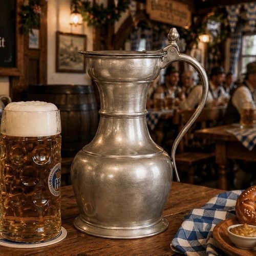 A polished Bavarian style pewter flagon with a flared neck and a hinged flat lid sits on a long wooden bar counter