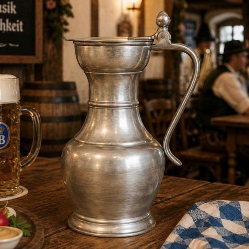 A polished Bavarian style pewter flagon with a flared neck and a hinged flat lid sits on a long wooden bar counter
