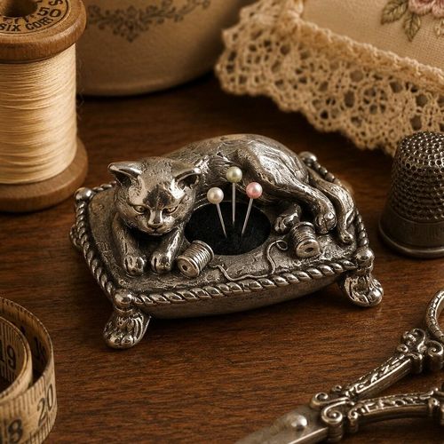 A small, detailed pewter pin cushion shaped like a rectangular tufted cushion with a rope border and small feet, featuring a sculpted pewter cat curled around a central black fabric cushion insert holding three pearl-headed sewing pins