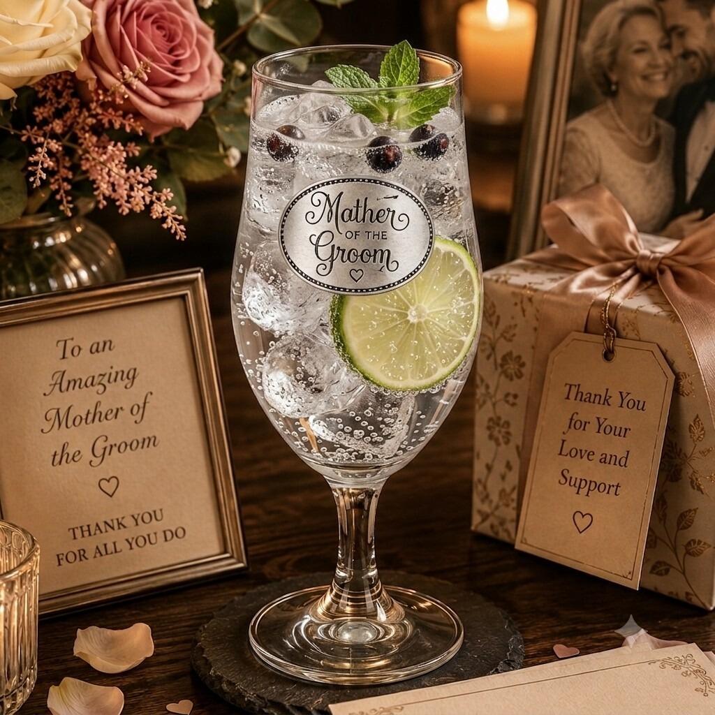 A Stemmed Pint Beer Glass with a Pewter Mother of the Groom badge on the front, filled with Gin
