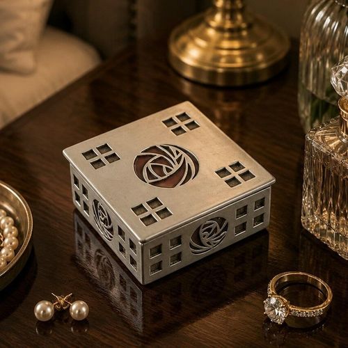 Square Charles Rennie Mackintosh style pewter trinket box featuring a cutout Glasgow rose motif and geometric square grid patterns