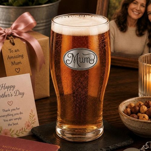 Pint glass with handmade pewter mum badge featuring elegant script lettering filled with golden beer