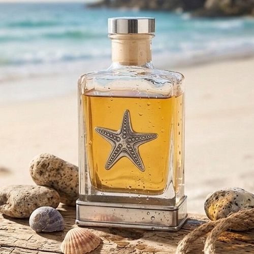 A glass flask with a pewter base and a handcrafted pewter starfish emblem on the front