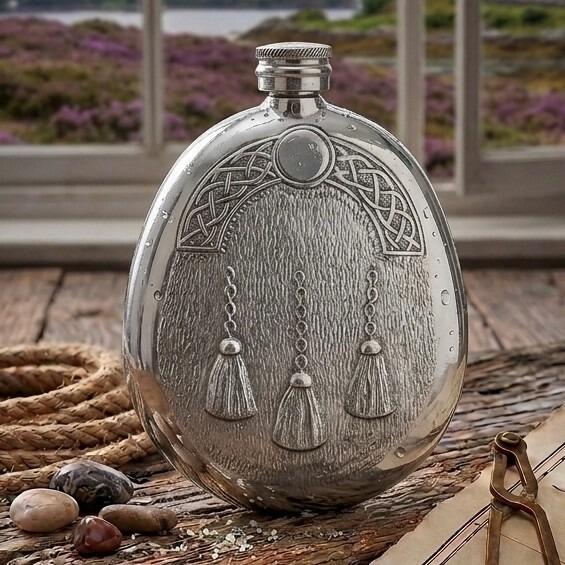 Oval pewter flask featuring an embossed Scottish sporran design with tassels and Celtic knotwork