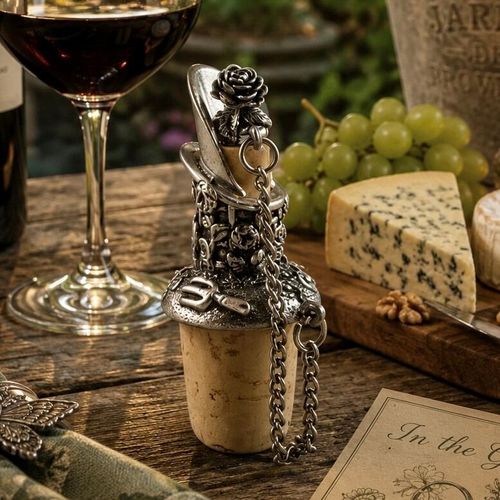 Pewter wine pourer and cork stopper featuring a sculpted rose and engraved gardening tools, displayed on a wooden table beside a glass of red wine, cheese, and green grapes